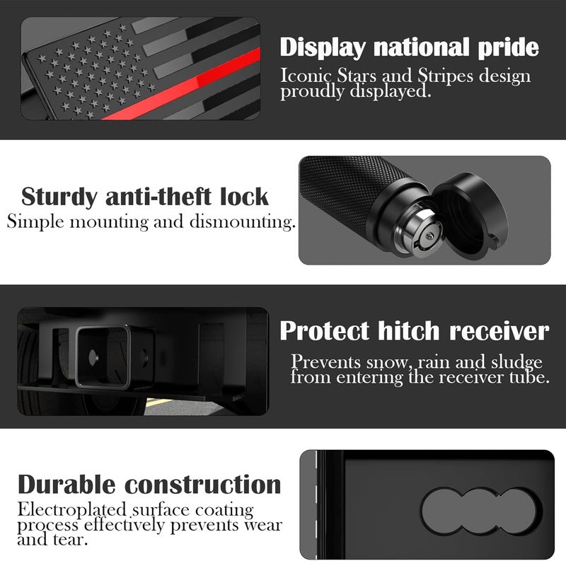 OGYE 2 Inch Trailer Hitch Cover with American Flag, Heavy Metal Trailer Hitch Cover Fit for 2 Inch Hitch Receivers (with 5/8" Pin Dia Anti-Theft Trailer Hitch Lock),3 * 5" Black&Thin Red Line - Image 3